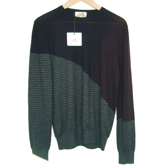 New Hermes 100% Cashmere Mens Crewneck Colorblock Sweater - Picture 14 of 16